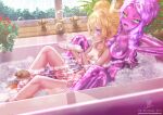  2girls :d artist_name bathtub blonde_hair blue_eyes breasts bubble colored_skin day double_bun green_eyes hair_bun hair_up hamster highres in_bathtub indoors kein_hasegawa large_breasts long_hair medium_breasts monster_girl multiple_girls no_nipples open_mouth original patreon_username pink_hair pink_skin same-sex_bathing shared_bathing slime_girl smile sunlight window yuri 