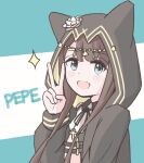  1girl animal_ear_hood ankh ankh_necklace arknights black_jacket blue_background blue_eyes blush brown_hair character_name commentary_request hood hood_up jacket jewelry long_sidelocks necklace open_mouth pepe_(arknights) shirt sidelocks smile solo sparkle tanakarashii two-tone_background v white_background white_shirt 