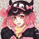  1girl @_@ artist_name black_hat black_jacket bow brown_hair chewbers commentary dragon_girl dragon_tail dragon_wings drango_(fraiki_(vtuber)) english_commentary fake_horns fraiki_(vtuber) gradient_hair hat hat_bow highres hood hood_down hooded_jacket horned_hat horned_headwear horns indie_virtual_youtuber jacket multicolored_hair open_mouth pink_bow pink_hair plaid_clothes plaid_hat plaid_jacket portrait scarf short_hair sleeves_past_fingers sleeves_past_wrists smile spiral-only_eyes tail two-tone_hair virtual_youtuber wings yellow_scarf 