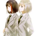  2girls aoba_moca bang_dream! black_hair blazer bob_cut buttons closed_mouth collared_shirt commentary diagonal-striped_clothes diagonal-striped_necktie grey_hair grey_jacket jacket kabocha_(kabocha0726) lapels long_sleeves looking_at_another mitake_ran multicolored_hair multiple_girls necktie notched_lapels open_collar parted_lips red_hair school_uniform shirt short_hair simple_background striped_clothes striped_necktie two-tone_hair upper_body white_background wing_collar 