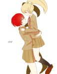  2girls black_socks blonde_hair bow brown_jacket brown_shoes brown_skirt closed_mouth collared_shirt commentary_request danganronpa_(series) danganronpa_2:_goodbye_despair danganronpa_3_(anime) freckles green_bow green_eyes hair_bow hope's_peak_academy_school_uniform jacket koizumi_mahiru lifting_person long_hair long_sleeves multiple_girls neck_ribbon orange_eyes red_hair red_ribbon ribbon saionji_hiyoko school_uniform shinshishinc shirt shoes short_hair skirt smile socks translation_request twintails very_short_hair white_shirt 