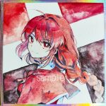  1girl braid breasts capelet closed_mouth highres long_hair looking_at_viewer medium_breasts okazaki_yumemi red_capelet red_eyes red_hair red_vest sample_watermark seiryo0425 shikishi shirt smile solo touhou touhou_(pc-98) traditional_media upper_body vest watermark white_shirt 