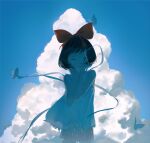 1girl bare_arms black_hair blue_butterfly blue_ribbon blue_sky bob_cut bow bug butterfly child closed_eyes cloud cloudy_sky cowboy_shot cumulonimbus_cloud day expressionless facing_viewer floating_clothes floating_ribbon grey_skirt hair_bow hands_on_own_cheeks hands_on_own_face hands_up highres lace-trimmed_shirt lace_trim large_bow miniskirt original outdoors parted_lips polka_dot polka_dot_skirt print_skirt red_bow ribbon shirt skirt sky sleeveless sleeveless_shirt solo standing straight-on swept_bangs toduring u_u white_shirt 