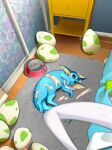  absurdres bed black_sclera blue_fur bowl carpet cetacean_tail closed_mouth colored_sclera commentary cum cum_on_body cum_on_floor egg english_commentary fins fish_tail gardevoir head_fins highres implied_sex indoors khyle. lying multiple_others no_humans on_side pawpads pet_bowl pokemon pokemon_(creature) pokemon_egg saltyxodium sheet_grab tail third-party_edit traumatized vaporeon 
