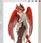  1girl animal_ears arknights art_program_in_frame bird_ears bird_girl bird_tail bird_wings black_pants breasts commentary_request feet_out_of_frame fiammetta_(arknights) highres pants procreate_(software) red_eyes red_hair short_hair simple_background sketch small_breasts solo tail unfinished white_background wings yoakemeow 