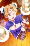  1girl bamboo_steamer black_thighhighs breasts brown_eyes brown_hair bun_cover china_dress chinese_clothes cleavage covered_nipples dim_sum double_bun dress dumpling food from_above game_asset hair_bun hayasaka_akira high_heels holding holding_bamboo_steamer holding_food large_breasts looking_at_viewer official_art one_eye_closed open_mouth shiny_skin short_hair short_sleeves sleeve_slit solo standing steam steamed_bun super_real_mahjong tanaka_ryou thighhighs wooden_floor 