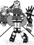  1girl adjusting_clothes adjusting_gloves arknights arm_at_side belt boots breast_pocket chinese_commentary closed_mouth commentary_request cum cum_in_footwear cum_in_gloves cum_on_clothes cum_on_hair firefighter firefighter_helmet firefighter_jacket gloves greyscale heart heart-shaped_pupils helmet highres jacket long_sleeves monochrome one_eye_closed open_mouth panaic pocket salute shaw_(arknights) short_hair symbol-shaped_pupils tail 