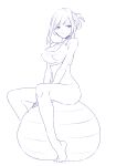  1girl arms_between_legs ball bare_arms bare_shoulders barefoot bottomless breasts character_request cleavage closed_mouth collarbone commentary_request copyright_request covered_nipples exercise_ball feet folded_ponytail full_body greyscale highres hinabu large_breasts looking_to_the_side monochrome plantar_flexion short_hair sidelocks simple_background sitting smile solo sports_bra swept_bangs white_background 