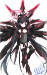  1girl absurdly_long_hair absurdres adapted_costume alternate_hairstyle aris_(armed)_(blue_archive) aris_(blue_archive) aris_(princess)_(blue_archive) arm_at_side armored_boots belly black_collar black_gloves black_hair black_thighhighs black_wings blue_archive body_markings boots bright_pupils character_name chest_jewel collar commentary_request couter covered_navel cropped double-parted_bangs full_body gem gloves grey_leotard hair_between_eyes hair_tie halo headgear high_heel_boots high_heels highres knee_boots korean_commentary leg_up leotard light_smile long_hair long_hair_between_eyes loosely_tucked_bangs low_twintails mecha_musume mechanical_arms mechanical_boots mechanical_legs mechanical_wings metal_collar minimin346539 parted_lips rectangular_halo red_eyes red_gem red_halo rerebrace ringed_eyes signature simple_background skin_seams solo spread_fingers standing standing_on_one_leg strapless strapless_leotard thighhighs twintails vambraces very_long_hair white_background white_pupils wings 