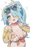  1girl aqua_eyes aqua_hair bikini blue_archive breasts cleavage commentary_request eyewear_on_head floral_print floral_print_bikini flower flying_sweatdrops from_above hair_flower hair_ornament hair_over_one_eye halo highres hiyori_(blue_archive) hiyori_(swimsuit)_(blue_archive) jacket large_breasts long_hair long_sleeves looking_at_viewer navel official_alternate_costume open_mouth orange_bikini print_bikini simple_background solo stomach swimsuit tearing_up tokage_(pr) upper_body white_background white_flower yellow_jacket 