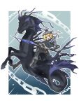  1girl absurdres arknights armor blonde_hair blue_background border chain cosplay don_quixote_(project_moon) fang gauntlets gradient_background haruuuu1185_(kubaharu) helmet highres holding holding_polearm holding_weapon horse horseback_riding lance limbus_company open_mouth outside_border polearm project_moon riding rocinante_(arknights) short_hair smile the_last_knight_(arknights) the_last_knight_(arknights)_(cosplay) vambraces weapon white_border yellow_eyes 