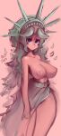  1girl absurdres addison_fanta ancient_greek_clothes artist_name breasts chiton copyright_request cowboy_shot crown english_commentary greco-roman_clothes green_crown highres humanization large_breasts long_hair narrow_waist nipples original painterly solo standing statue_of_liberty tagme thick_thighs thighs 