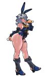  1girl absurdres animal_ear_hairband animal_ears antenna_hair bare_shoulders black_gloves black_leotard blue_leotard breasts carrot_butt_plug commentary_request dracaene_sunbringer fake_animal_ears full_body gloves grey_hair hair_over_one_eye hairband highres holding_butt_plug leotard licking mold_(pixiv6616319) mole mole_on_shoulder multicolored_leotard open-toe_boots paid_reward_available partially_fingerless_gloves playboy_bunny rabbit_ear_hairband rabbit_ears simple_background small_breasts solo sweat thick_thighs thighs tongue tongue_out two-tone_leotard white_background yellow_eyes zenless_zone_zero 