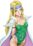  1girl arm_strap armor arms_behind_back belt blonde_hair blue_belt blue_eyes blue_headband bracer breasts cape celes_chere closed_mouth collarbone cowboy_shot final_fantasy final_fantasy_vi fur-trimmed_cape fur-trimmed_leotard fur_trim green_leotard headband highleg highleg_leotard leotard looking_at_viewer matsudo_aya medium_breasts oekaki pauldrons realistic shoulder_armor simple_background solo standing strapless strapless_leotard white_background white_cape 