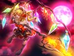 1girl alternate_costume belt blonde_hair bonnet boots bow breasts brown_belt brown_boots brown_gloves chain commentary_request crystal crystal_wings dress fang fingerless_gloves fire flaming_sword flaming_weapon flandre_scarlet flower flying frilled_skirt frills full_body full_moon gloves glowing gold_chain hair_bow highres holding holding_sword holding_weapon long_hair long_sleeves looking_at_viewer miyakura_haruto moon multicolored_wings one_side_up open_mouth outdoors red_bonnet red_bow red_dress red_eyes red_flower red_moon red_rose red_shirt red_skirt red_sky rose shirt skirt sky small_breasts smile solo sword touhou weapon wings 