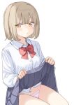  1girl bikini blonde_hair bob_cut bow bowtie closed_mouth clothes_lift collared_shirt cowboy_shot dot_nose grey_skirt highres lifting_own_clothes long_sleeves looking_at_viewer looking_to_the_side maigoyaki original panties pleated_skirt raised_inner_eyebrows red_bow red_bowtie school_uniform shirt shirttail short_hair shy sideways_glance simple_background sitting skirt skirt_lift solo string_bikini swimsuit underwear white_background white_panties white_shirt yellow_eyes 