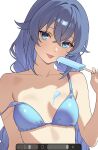  1girl :p bikini blue_bikini blue_eyes blue_hair braid braided_twintails breasts closed_mouth commentary crossed_bangs double-parted_bangs food food_on_body hair_between_eyes head_tilt highres holding holding_food holding_popsicle long_bangs long_hair looking_at_viewer melting_popsicle mushoku_tensei popsicle roxy_migurdia simple_background small_breasts smile solo steklowataa strap_slip swimsuit tongue tongue_out upper_body white_background 