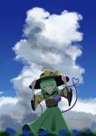  1girl absurdres black_hat blue_sky blush bow buttons closed_eyes cloud collared_shirt commentary_request day diamond_button disembodied_linked_eye eyeball facing_viewer frilled_shirt_collar frilled_sleeves frills gasubanana green_hair green_skirt hands_on_headwear hat hat_bow heart heart_of_string highres komeiji_koishi long_sleeves open_mouth outdoors partial_commentary shirt skirt sky smile solo touhou wide_sleeves yellow_bow yellow_shirt 