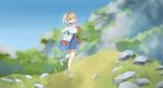  1girl absurdres alice_margatroid blonde_hair blue_eyes blue_sky capelet commentary day forest full_body gift hairband highres hill holding holding_gift long_sleeves looking_at_viewer mountain nature outdoors red_hairband rock rumindo sky solo touhou tree white_capelet 