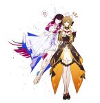  2girls :> :< artist_name bare_shoulders barefoot black_bow black_dress black_hair black_shoes black_sleeves blue_eyes blunt_bangs blush bow bowtie breasts brown_hair choker closed_eyes closed_mouth coattails collarbone colored_inner_hair columbina_(genshin_impact) criss-cross_halter crossed_arms detached_collar detached_sleeves dress eye_mask feathered_wings flying frills full_body gem genshin_impact hair_bow hair_ornament hair_tubes halterneck head_wings heart highres jewelry large_breasts leg_ribbon long_hair long_sleeves looking_at_another mask multicolored_hair multiple_girls multiple_wings notice_lines off-shoulder_dress off_shoulder orange_dress pantyhose pendant pink_hair red_gem ribbon sakae_0_0 sandrone_(genshin_impact) shoes short_hair_with_long_locks sidelocks simple_background smile sparkle speech_bubble spoken_heart standing starry_sky_print strapless strapless_dress tailcoat thigh_strap two-sided_dress two-sided_fabric two-tone_dress two-tone_hair very_long_hair white_background white_bow white_bowtie white_choker white_dress white_headdress white_mask white_pantyhose wide_sleeves wing_collar wings x_hair_ornament yellow_bow 