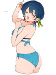  1girl :d ass back bare_shoulders bikini blue_bikini blue_hair blue_nails braid breasts closed_eyes commentary cropped_legs green_ribbon hair_ribbon halterneck highres large_breasts looking_at_viewer multicolored_hair nail_polish neko_kai-san nijisanji red_hair ribbon short_hair simple_background smile solo swimsuit twitter_username untranslatable_commentary v virtual_youtuber white_background yamagami_karuta 