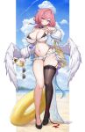  1girl absurdres alternate_costume belle_(zenless_zone_zero) bikini black_thighhighs blue_sky breasts bubble_tea chinese_commentary cleavage closed_mouth cloud cloudy_sky commentary cumulonimbus_cloud cup detached_sleeves disposable_cup drink feathered_wings full_body hair_ornament highres holding holding_cup holding_drink holding_removed_eyewear innertube jewelry kiriko_(araragikoyomi) large_breasts looking_at_viewer medium_hair mole mole_on_breast navel pink_hair pointy_ears purple_eyes remielle_dan revision ring single_thighhigh sky smile solo standing stomach sunglasses swim_ring swimsuit thighhighs unworn_eyewear water white_wings wings zenless_zone_zero 