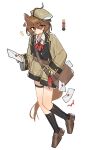  1girl agnes_tachyon_(umamusume) ahoge alternate_costume animal_ears bag black_socks blush bow brown_hair brown_shoes brown_shorts collared_shirt commentary earrings emne english_commentary hair_between_eyes hat highres holding holding_letter horse_ears horse_girl horse_tail jacket jewelry letter long_sleeves mail mailbag mailman medium_hair open_mouth red_bow red_eyes school_bag shirt shoes shorts socks solo tail thigh_strap tilted_headwear umamusume wax_seal white_shirt 