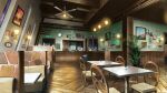  ceiling_fan chair game_asset hanging_light indoors karakara_(game) katou_taira no_humans official_art painting_(object) plant potted_plant restaurant self-datamine table trash_can wall_lamp wallpaper_(object) window wooden_ceiling 
