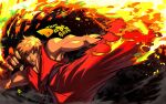  1boy artist_name blonde_hair blue_eyes commentary dougi fire high_kick highres karate_gi ken_masters kicking signature street_fighter tatsumaki_senpuukyaku thatdudesaur twitter_username 