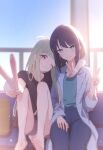  2girls ahoge arm_around_neck black_hair black_shirt blonde_hair blue_pants brown_eyes cho_kaguya-hime! closed_mouth commentary_request green_eyes green_shirt highres kaguya_(cho_kaguya-hime!) lab_coat long_hair medium_hair multiple_girls ogasan0317 pants pink_shorts sakayori_iroha shirt shorts v 