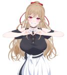  1girl absurdres black_choker black_shirt breasts brown_hair choker clothing_cutout earrings four-finger_heart_hands furen_e_lustario furen_e_lustario_(2nd_costume) grin hair_ribbon heart heart_hands highres jewelry lace lace_choker large_breasts looking_at_viewer nijisanji nui_sociere_(artist) ponytail red_eyes ribbon shirt short_sleeves shoulder_cutout simple_background skirt smile solo virtual_youtuber waist_ribbon white_background white_skirt 