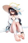  1girl absurdres artist_name barefoot bikini black_bikini black_choker blue_archive braid braided_ponytail breasts casual_one-piece_swimsuit choker collar commentary criss-cross_halter cross cross_earrings double_bikini earrings feet flower full_body hair_over_one_eye halo halterneck hat hat_flower highres hinata_(blue_archive) hinata_(swimsuit)_(blue_archive) jewelry large_breasts layered_swimsuit long_hair off_shoulder official_alternate_costume one-piece_swimsuit shangdi_de_fa_zhang sitting smile straw_hat sun_hat swimsuit toes white_background white_one-piece_swimsuit winged_halo yellow_halo yellow_hat 