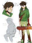  1boy adxrn antenna_hair black_eyes blood blood_on_arm blood_on_clothes blood_on_face blood_on_weapon brown_hair chainsaw comic_panel_redraw commentary cuffs derivative_work drawstring edd_(eddsworld) eddsworld english_commentary english_text full_body green_hoodie green_pants green_shoes grin hair_behind_ear handcuffs highres holding holding_chainsaw hood hood_down hoodie jitome long_sleeves male_focus multiple_views pants scene_reference shirt shoes short_hair simple_background sitting sketch sleeves_rolled_up smile smug sneakers standing swept_bangs toon_(style) weapon white_background white_shirt wide-eyed 