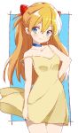  1girl bare_shoulders blue_choker blue_eyes blush breasts choker cowboy_shot dress highres long_hair neon_genesis_evangelion orange_hair sketch small_breasts smile solo souryuu_asuka_langley strap_slip tsubaki_(tatajd) wind 