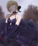  1girl artoria_pendragon_(all) black_bow black_skirt blonde_hair blue_gloves blue_shirt blurry blurry_background bow breasts choker cleavage cloud cloudy_sky collarbone dark_excalibur elbow_gloves fate/stay_night fate_(series) formal gloves hair_bow head_tilt highres holding holding_sword holding_weapon medium_breasts outdoors saber_alter santarou shirt short_hair skirt skirt_suit sky sleeveless sleeveless_shirt solo standing suit sword weapon yellow_eyes 