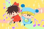  2boys bandana black_hair blonde_hair blue_hat blue_pajamas blush blush_stickers commentary_request hair_over_one_eye hat holding_maracas holding_orange koyamaru3 looking_at_viewer male_focus mini_person miniboy mirumo mirumo_de_pon! multiple_boys musical_note nightcap pajamas pom_pom_(clothes) red_bandana red_scarf scarf short_hair smile solid_oval_eyes sparkle yashichi_(mirumo_de_pon!) yellow_background 