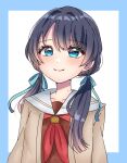  1girl blue_border blue_eyes blue_hair blue_ribbon blush border brown_cardigan brown_dress cardigan closed_mouth commentary dark_blue_hair dress hair_ribbon harusame_soup_(har_s_k) hasu_no_sora_school_uniform heart heart-shaped_pupils link!_like!_love_live! long_hair long_sleeves looking_at_viewer love_live! low_twintails mole mole_on_neck murano_sayaka neckerchief open_cardigan open_clothes outside_border red_neckerchief ribbon sailor_collar sailor_dress school_uniform smile solo split_mouth symbol-shaped_pupils twintails upper_body virtual_youtuber white_background white_sailor_collar winter_uniform 