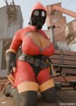 3d_(artwork) absurd_res blender_(disambiguation) blender_(software) boots breasts cleavage clothed clothing digital_media_(artwork) fempyro flamethrower footwear gloves handwear hi_res kneeling koofey latex latex_clothing latex_skinsuit mask payload public ranged_weapon sitting skinsuit team_fortress_2 tight_clothing valve watermark weapon