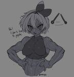  1girl ? @_@ abs bandaid bandaid_on_arm bandaid_on_cheek bandaid_on_face bandaid_on_shoulder bare_shoulders bea_(pokemon) black_hairband bow_hairband breasts crop_top dark-skinned_female dark_skin dripping english_commentary english_text grey_background greyscale hair_between_eyes hairband hands_on_own_hips highres hypnosis mind_control monochrome motion_lines muscular muscular_female open_mouth pokemon pokemon_swsh short_hair signature simple_background sleeveless solo sports_bra stomach sweat swinging talking upper_body waa153 wet wet_hair 