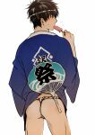  1boy ass black_eyes black_hair blue_kimono cowboy_shot feiqiuxuan food food_in_mouth fundoshi gintama hand_fan headband hijikata_toushirou holding holding_food holding_popsicle japanese_clothes kimono light_blush long_sleeves male_focus popsicle popsicle_in_mouth short_hair simple_background solo sweatdrop translation_request underwear underwear_only white_background white_headband 