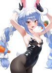  1girl absurdres animal_ear_fluff animal_ears black_gloves black_leotard black_pantyhose blue_hair blush braid breasts cleavage fur-trimmed_gloves fur_trim gloves highres hololive jjetotwt leotard long_hair looking_at_viewer multicolored_hair open_mouth orange_eyes pantyhose playboy_bunny rabbit_ears rabbit_girl rabbit_tail short_eyebrows small_breasts solo strapless strapless_leotard tail twin_braids two-tone_hair usada_pekora virtual_youtuber white_background white_hair 