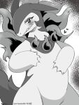 2023 5_fingers ambiguous_anthro ambiguous_gender anthro blush eromame fingers fire generation_8_pokemon greyscale grin grinning_at_viewer hisuian_form hisuian_typhlosion kemono looking_at_viewer monochrome narrowed_eyes nintendo pokemon pokemon_(species) regional_form_(pokemon) smile snout solo standing