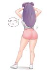  1girl absurdres adjusting_hair ankle_socks ass dolphin_shorts double_bun full_body geraldjess1 hair_bun hands_on_own_head happy highres long_hair pantylines pink_shawl pink_socks purple_hair ranma_1/2 shampoo_(ranma_1/2) shawl shirt shirt_tucked_in shorts slippers socks solo spoken_expression white_background white_shirt 