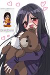  1girl absurdres black_hair blush hair_between_eyes heart highres holding holding_stuffed_toy irasutoya long_hair looking_at_viewer open_mouth purple_sweater red_eyes reference_inset sleeves_past_wrists smile solo stuffed_animal stuffed_toy sukoyaka_(100hituzi) sweater teddy_bear upper_body very_long_hair white_background 