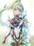  1girl armored_bodysuit bodysuit chest_jewel closed_mouth commentary_request core_crystal_(xenoblade) covered_navel earrings floating_hair green_eyes green_hair grin highres jewelry long_hair looking_at_viewer pneuma_(xenoblade) ponytail sidelocks smile solo tiara ui_frara very_long_hair xenoblade_chronicles_(series) xenoblade_chronicles_2 