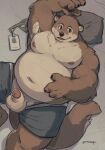 2024 anthro balls belly big_belly brown_body clothing erection genitals hi_res kemono lying male mammal moobs mustelid navel nipples otter overweight overweight_male penis pillow prooof_(artist) solo underwear