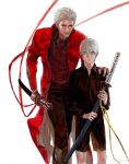  2boys absurdres aged_down aged_up black_gloves blue_coat blue_eyes closed_mouth coat devil_may_cry_(series) devil_may_cry_3 fingerless_gloves gloves hai_ren_ma hair_down hair_slicked_back highres holding holding_weapon katana looking_at_viewer male_focus multiple_boys solo sword vergil_(devil_may_cry) weapon white_hair yamato_(sword) 