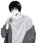  1boy black_hair cup disposable_cup drink golden_spiral grey_jacket highres holding holding_cup holding_drink jacket looking_at_viewer nagumo_(sakamoto_days) neck_tattoo open_clothes open_jacket rokuen_skd sakamoto_days shirt tattoo twitter_username white_background white_shirt 