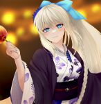  1girl alternate_costume blue_bow blue_eyes blush bow braid candy_apple commentary_request fate/grand_order fate_(series) flower food grey_hair hair_bow hair_flower hair_ornament holding holding_food japanese_clothes kawairuka_ko kimono light_smile long_braid long_hair looking_at_viewer morgan_le_fay_(fate) nail_polish ponytail print_kimono side_braid single_braid solo summer_festival upper_body very_long_hair yukata 