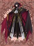  1boy :/ ascot bayonet belt black_cape black_footwear black_hair black_robe boots brown_background cape chain closed_mouth dairoku_ryouhei falling_petals floating_hair full_body gem gold_trim gun hair_between_eyes hand_on_weapon lace long_hair long_sleeves looking_at_viewer male_focus outstretched_arms petals planted ranuki red_cape red_eyes red_gemstone rifle robe rose_petals solo spread_arms standing supportasse tino_miraglia torn_cape torn_clothes two-sided_cape two-sided_fabric v-shaped_eyebrows weapon white_ascot 